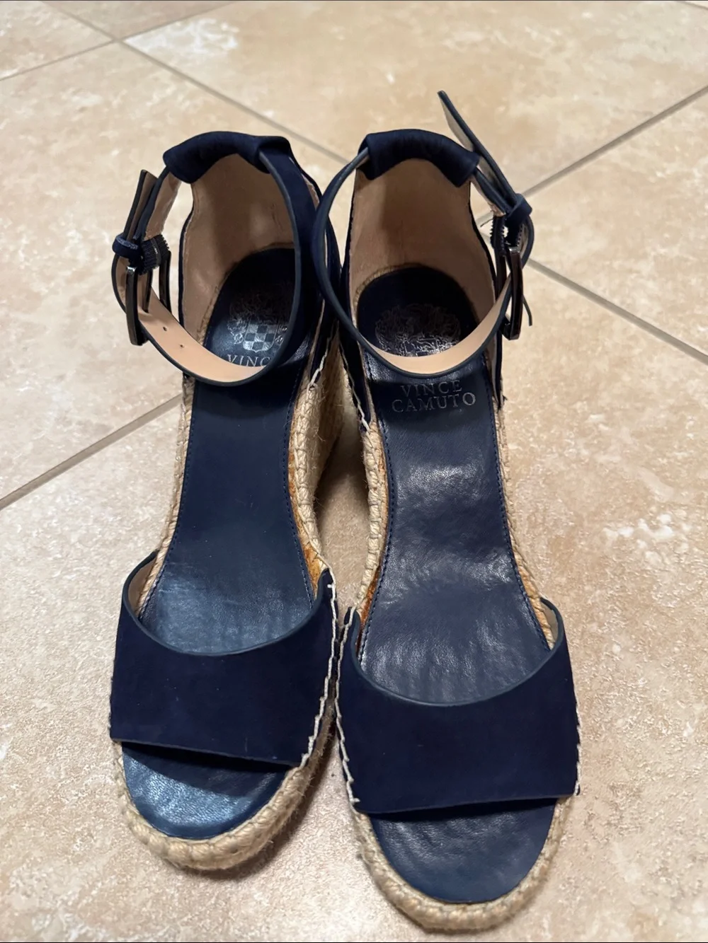 Vince Camuto Navy Suede Espadrille Wedge Sandals with Ankle Buckle